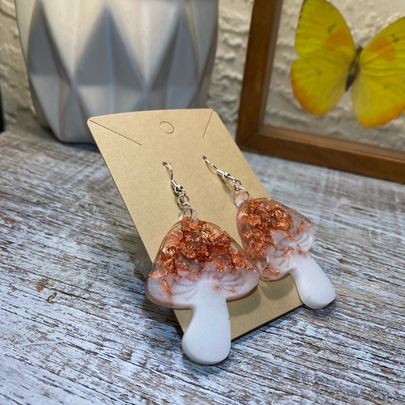 Mushroom Earrings - Copper and White Amanita - Picture 4 of 11